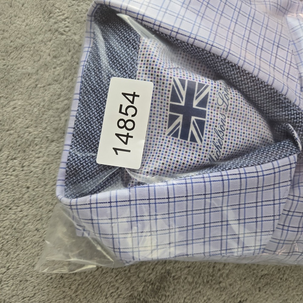 Michelsons London Short Mens Large Blue Checkered Long Sleeve Flip Cuff Career - Picture 11 of 11